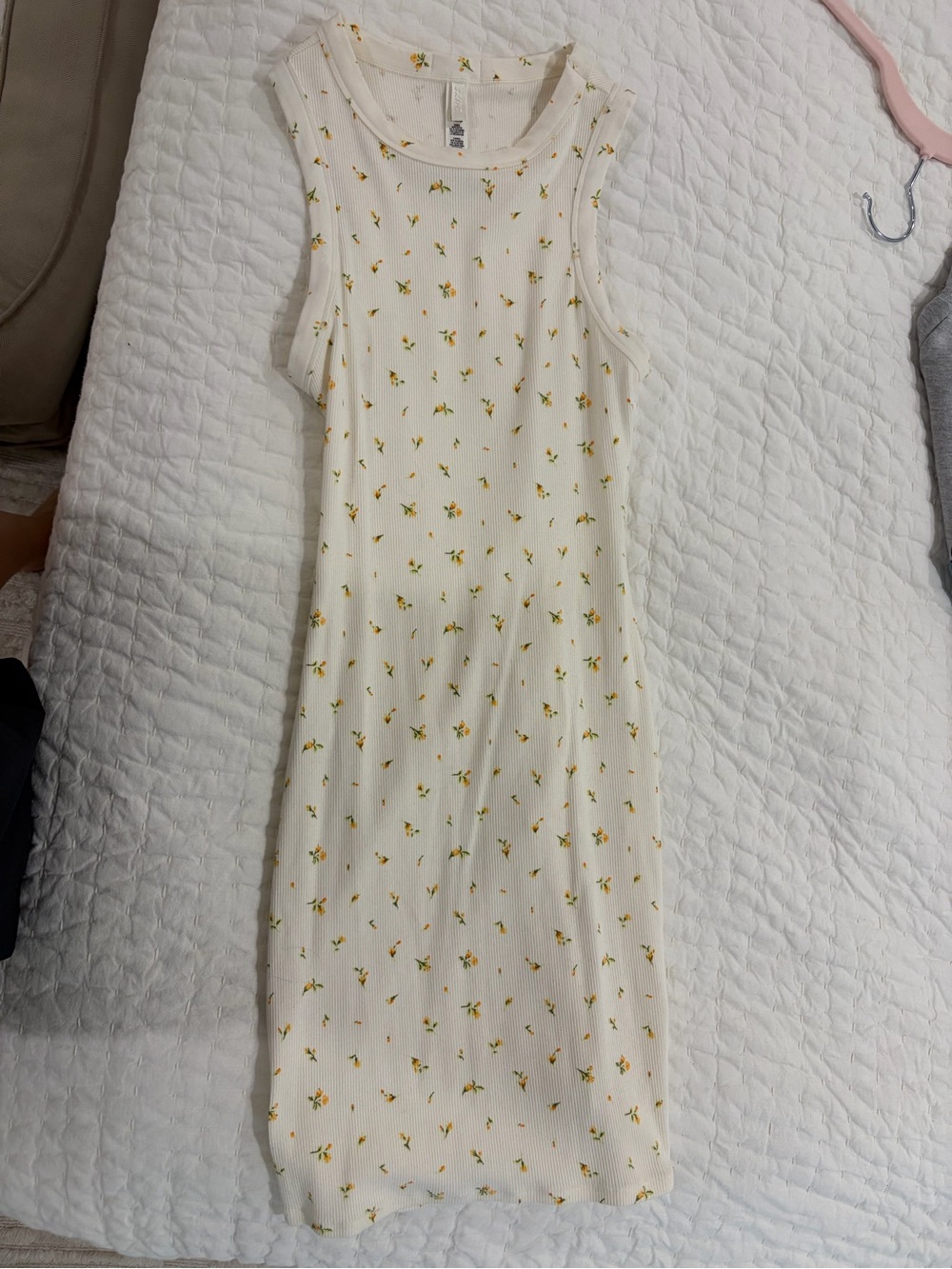 SKIMS Cream Ribbed Mini Dress with Yellow Floral Print